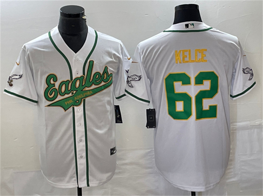 Men's White Gold Philadelphia Eagles #62 Jason Kelce Cool Base Stitched Baseball Jersey
